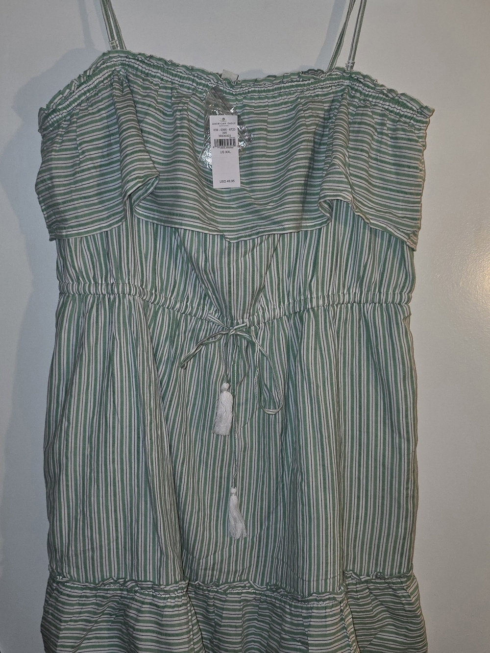 American Eagle Striped Green Ruffle Sundress with Tassel